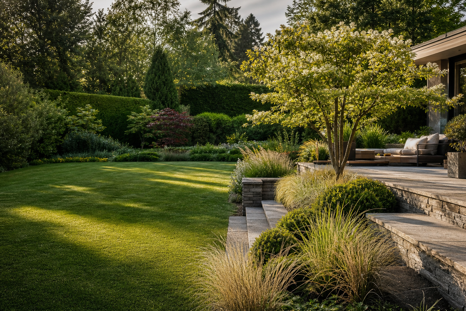 Gepflegter Garten mit Natursteinterrasse